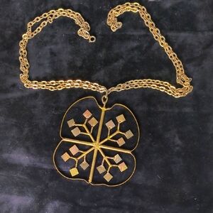 Vintage Gold-tone Pendant Necklace with Ornate Design and Double Chain